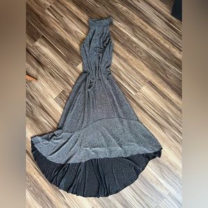 Silver Gunmetal Maxi Party Dress Evening Gown with Mockneck Neckline